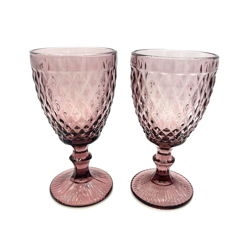 Vintage Glass Diamond Pattern Stemmed Purple / Plum Set of 2 Water Goblets 6.75"